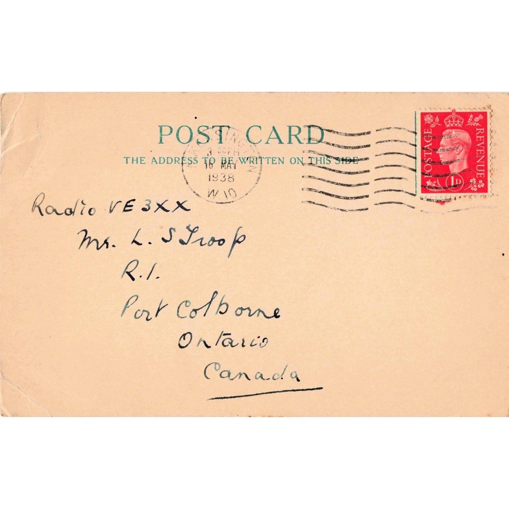 Vintage 1938 QSL Postcard Wembley England to Ontario Canada King George VI Stamp